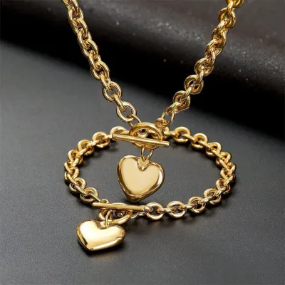 Women Fashion Simple Heart Shaped Titanium Steel Necklace Bracelet Set
