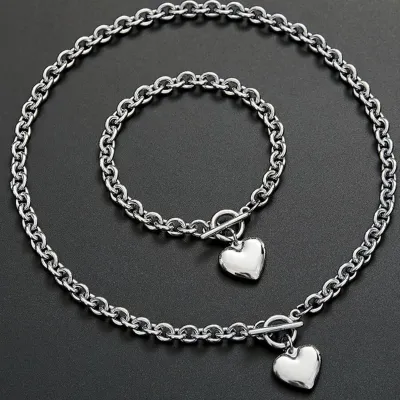 Women Fashion Simple Heart Shaped Titanium Steel Necklace Bracelet Set