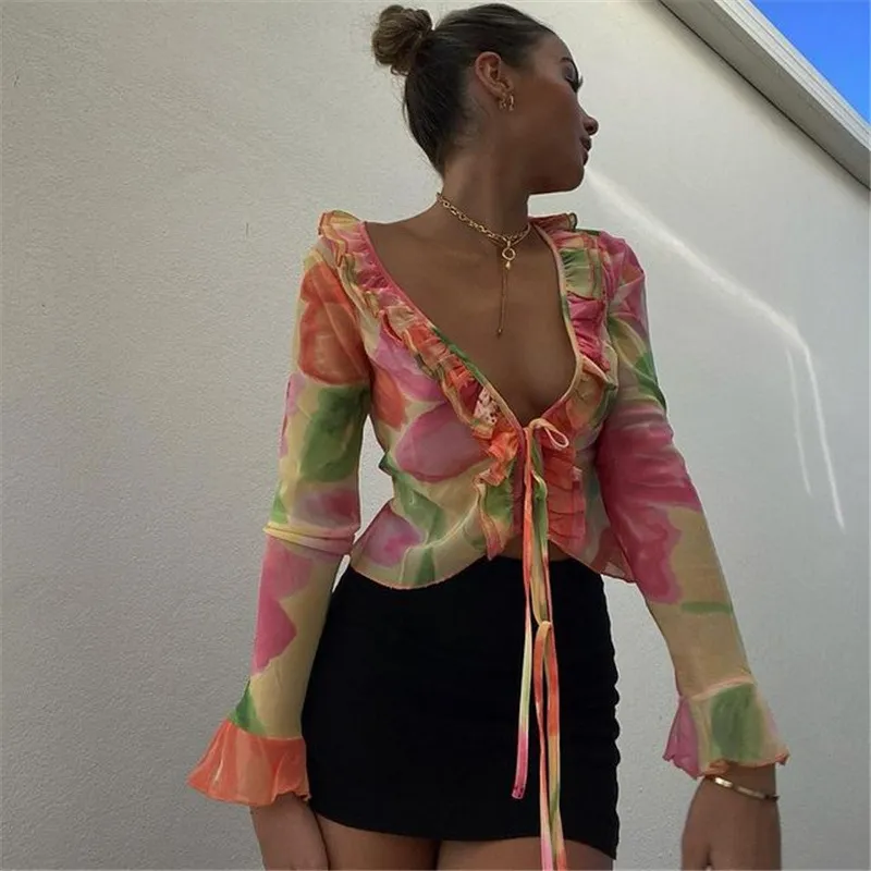 Women Fashion Sexy Printed Perspective Deep V-Neck Long Sleeve Crop Top