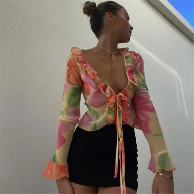 Women Fashion Sexy Printed Perspective Deep V-Neck Long Sleeve Crop Top