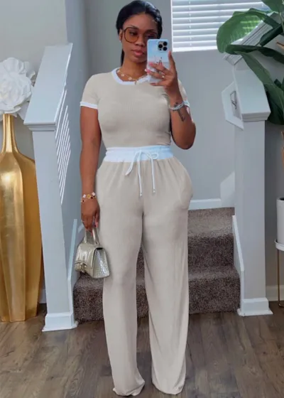 Women Casual Rib Color Contrast Round Neck Short Sleeve T-Shirt Slim Fit Pants Two-Piece Set