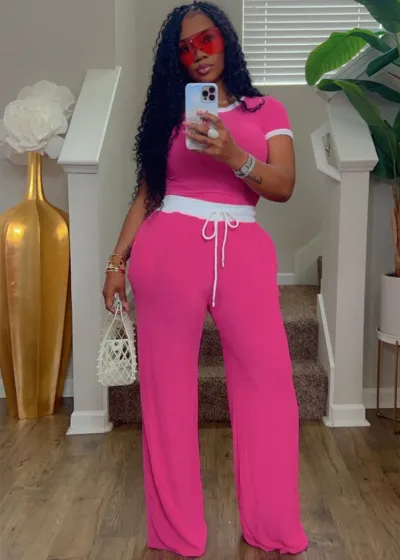 Women Casual Rib Color Contrast Round Neck Short Sleeve T-Shirt Slim Fit Pants Two-Piece Set