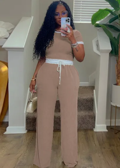 Women Casual Rib Color Contrast Round Neck Short Sleeve T-Shirt Slim Fit Pants Two-Piece Set