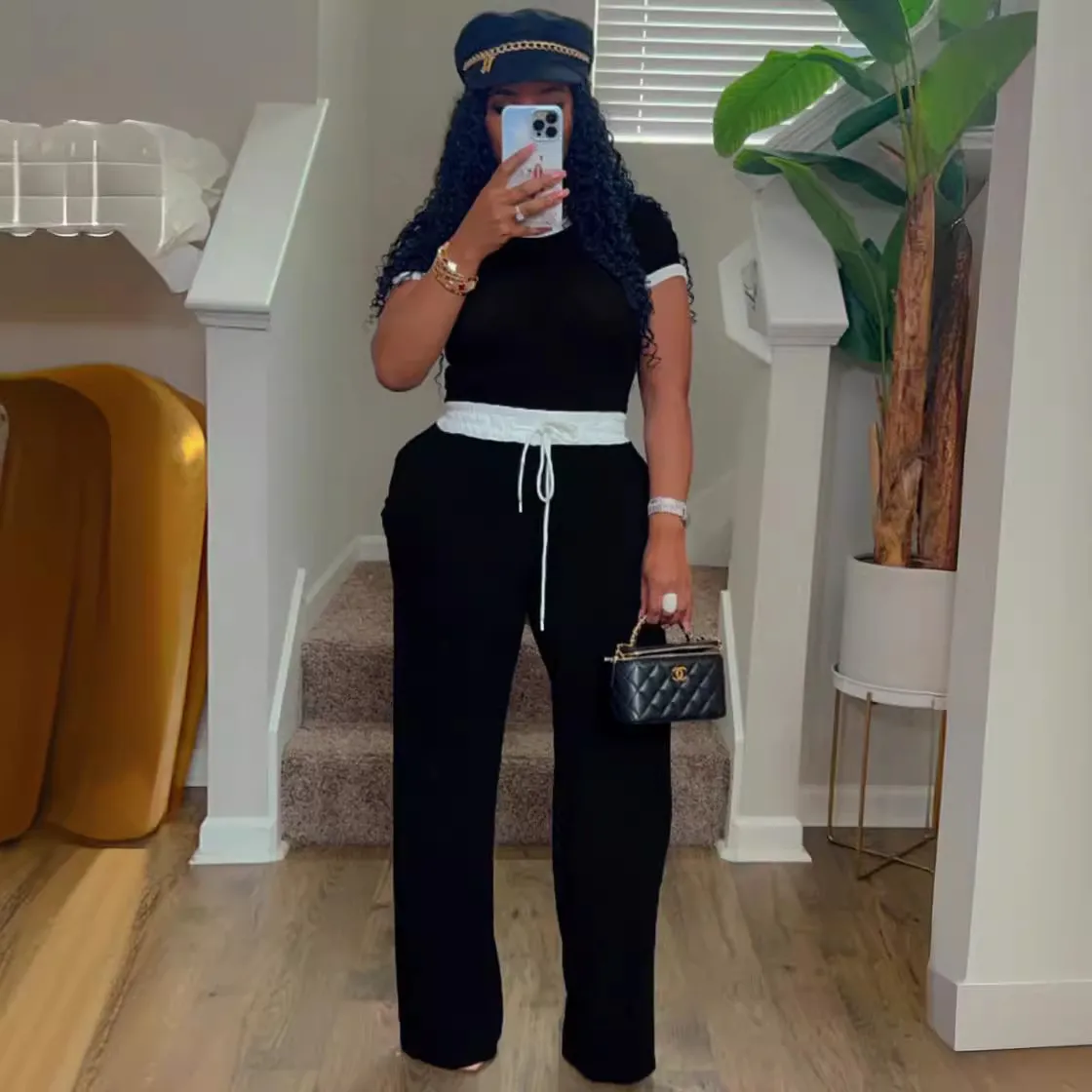Women Casual Rib Color Contrast Round Neck Short Sleeve T-Shirt Slim Fit Pants Two-Piece Set