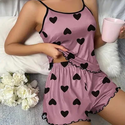 Women's Sexy Love Printed Camisole Loose Shorts Pajamas Two-Piece Set