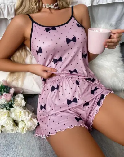 Women's Sexy Love Printed Camisole Loose Shorts Pajamas Two-Piece Set