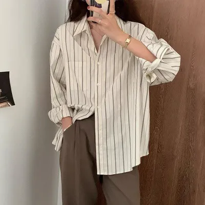 Women Casual Guofeng Retro Vertical Stripe Lapel Long-Sleeve Loose Blouse