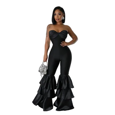 Women Fashion Sexy Strapless Solid Color Ruffled Jumpsuits