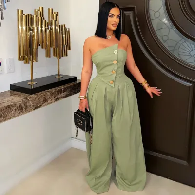 Women Fashion Solid Color Strapless Sleeveless Metal Button Wide Leg Jumpsuits