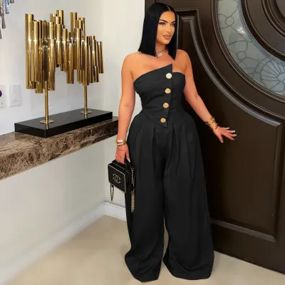 Women Fashion Solid Color Strapless Sleeveless Metal Button Wide Leg Jumpsuits