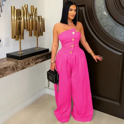 Women Fashion Solid Color Strapless Sleeveless Metal Button Wide Leg Jumpsuits