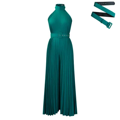 Women Fashion Solid Color Sleeveless Wide Leg Pleated Jumpsuit