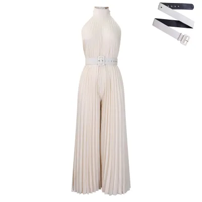 Women Fashion Solid Color Sleeveless Wide Leg Pleated Jumpsuit