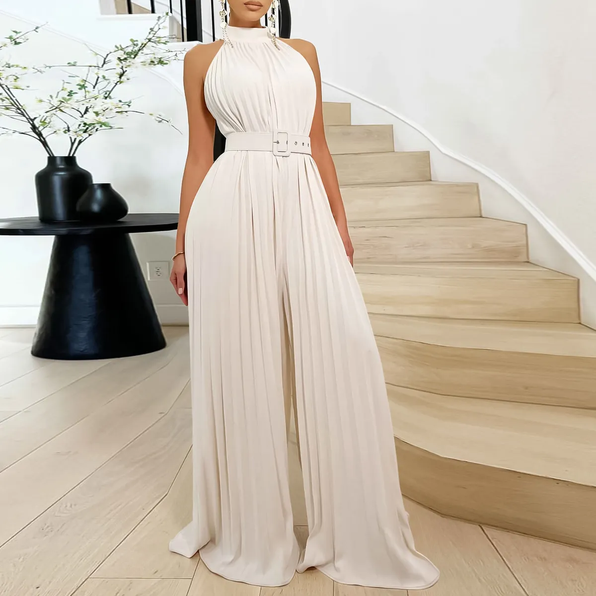 Women Fashion Solid Color Sleeveless Wide Leg Pleated Jumpsuit