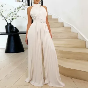 Women Fashion Solid Color Sleeveless Wide Leg Pleated Jumpsuit