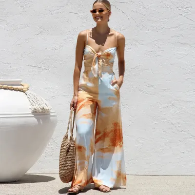 Women Summer Tie-Dye Printed Suspenders High Waist Wide Leg Jumpsuits