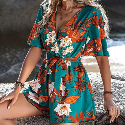Women Casual Vacation Print V-Neck Rompers