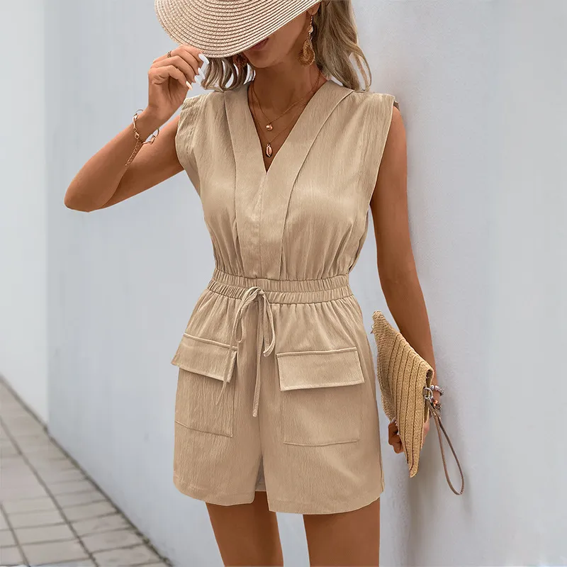 Women Simple Solid Color Sleeveless Rompers with Elastic Wrinkle Fabric