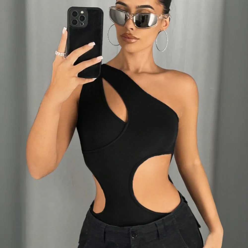 Women Sexy Hollow Irregular Bodysuit Sleeveless Polyester