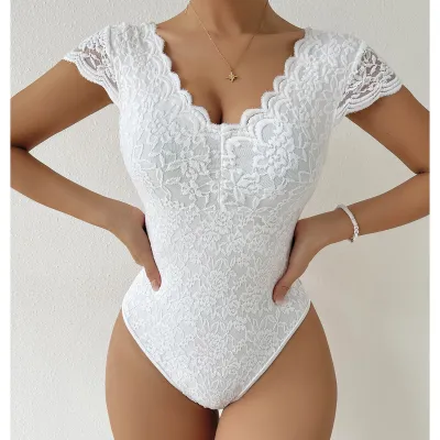 Women Fashion Solid Color Lace Deep V Backless Bodysuit