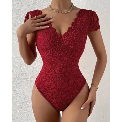 Women Fashion Solid Color Lace Deep V Backless Bodysuit