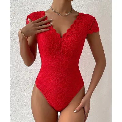 Women Fashion Solid Color Lace Deep V Backless Bodysuit