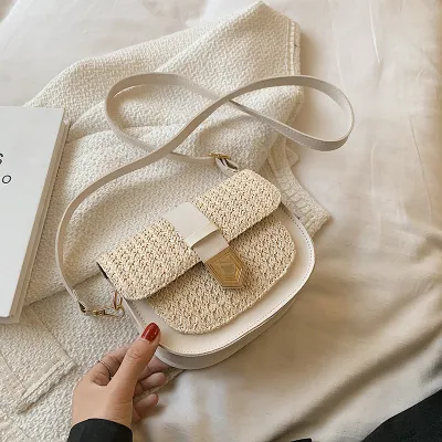 Women Fashion Contrast Color Straw Woven Crossbody Bag