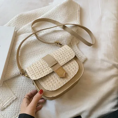 Women Fashion Contrast Color Straw Woven Crossbody Bag
