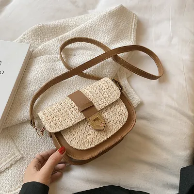 Women Fashion Contrast Color Straw Woven Crossbody Bag