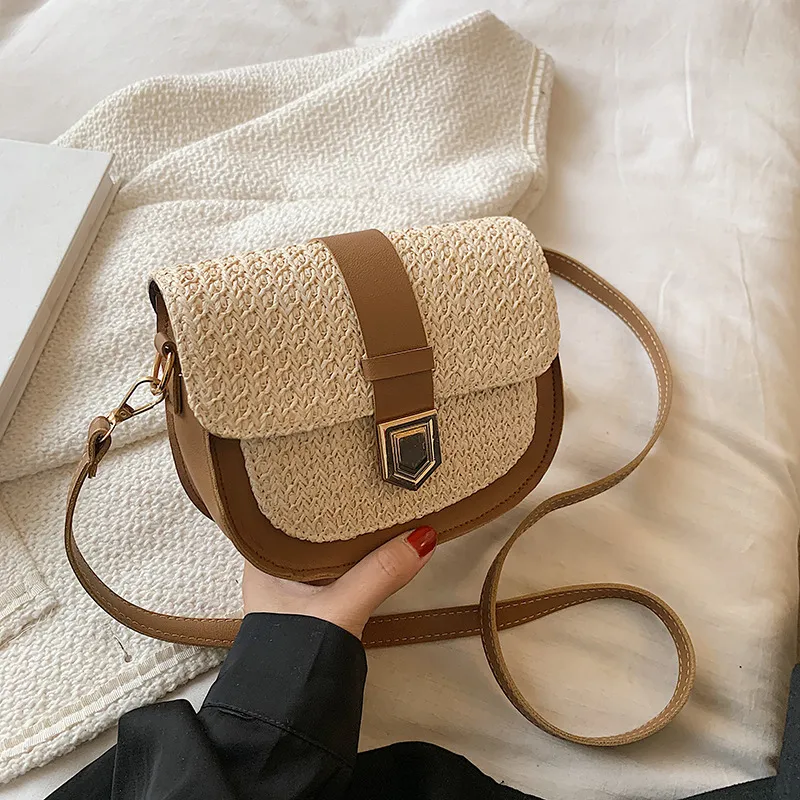 Women Fashion Contrast Color Straw Woven Crossbody Bag