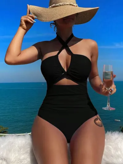 Women High Waist Solid Color One-Piece Swimsuit