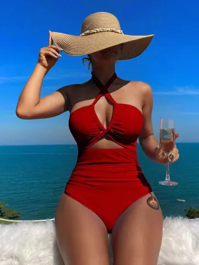 Women High Waist Solid Color One-Piece Swimsuit