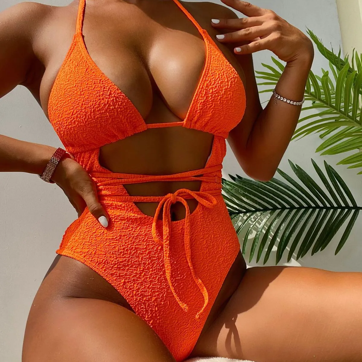 Women Sexy Solid Color Hollow-Out One-Piece Swimsuit