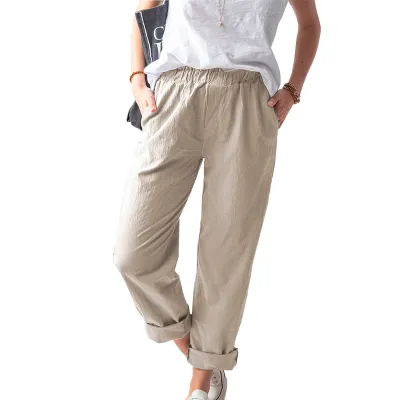 Women Casual Solid Color Cotton And Linen High Waist Straight Leg Pants