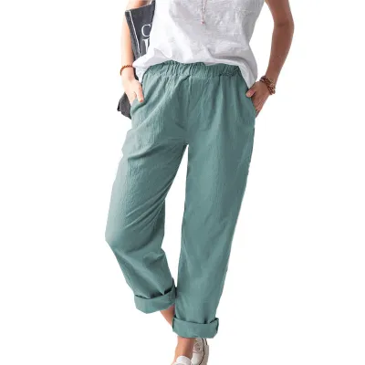 Women Casual Solid Color Cotton And Linen High Waist Straight Leg Pants