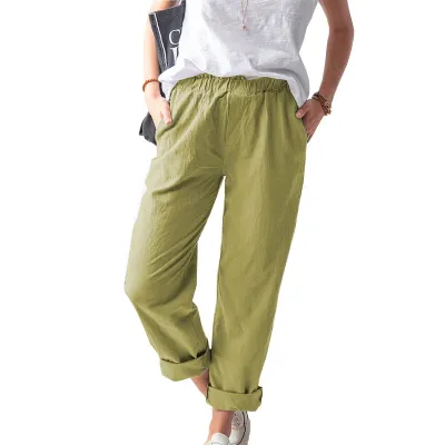 Women Casual Solid Color Cotton And Linen High Waist Straight Leg Pants