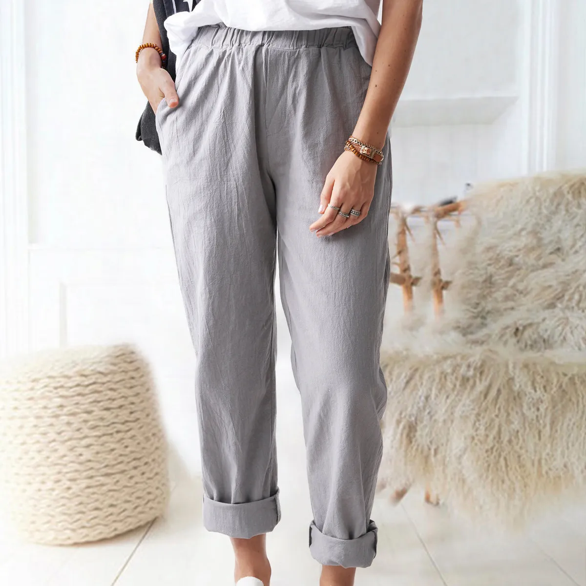 Women Casual Solid Color Cotton And Linen High Waist Straight Leg Pants