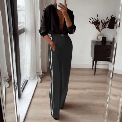 Women Fashion Casual Contrast Color Straight Leg Pants