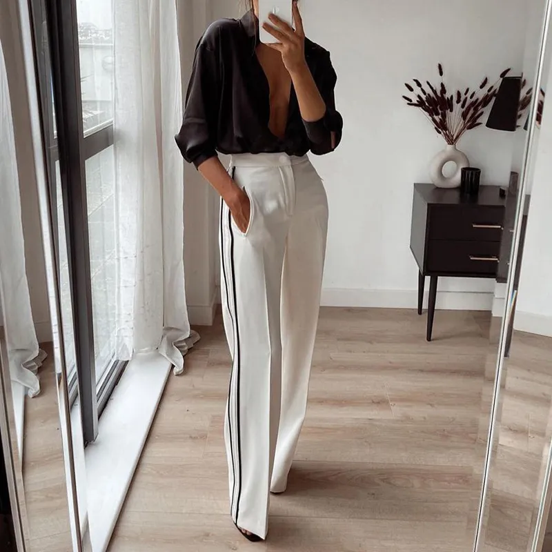 Women Fashion Casual Contrast Color Straight Leg Pants