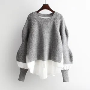 Women Casual Stitching Knitwear Pullover Lantern Sleeve