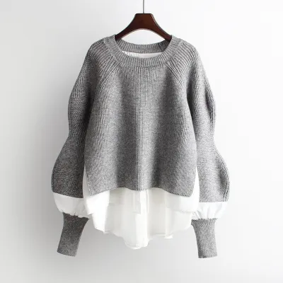Women Casual Stitching Knitwear Pullover Lantern Sleeve