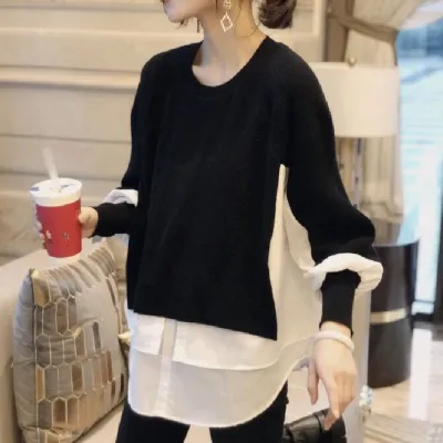 Women Casual Stitching Knitwear Pullover Lantern Sleeve