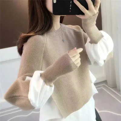 Women Casual Stitching Knitwear Pullover Lantern Sleeve