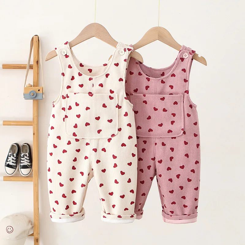 Girls' Fashion Casual Corduroy Love Printed Long Jumpsuit Suspenders