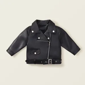 Girls' Fashion Casual Leather Lapel Long Sleeve Jacket Solid Color Zipper Short PU Coat 3-14T