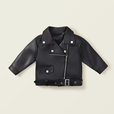 Girls' Fashion Casual Leather Lapel Long Sleeve Jacket Solid Color Zipper Short PU Coat 3-14T