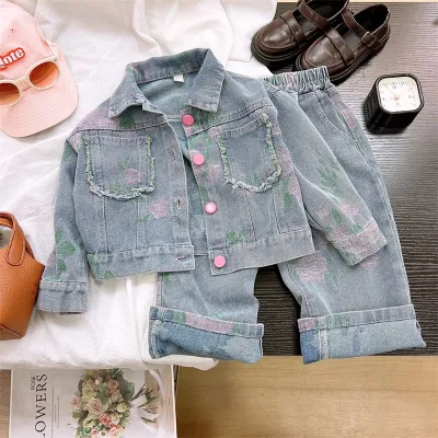 Girls Fashion Casual Floral Printed Lapel Long-Sleeve Jacket Straight Jeans Denim Two-Piece Set