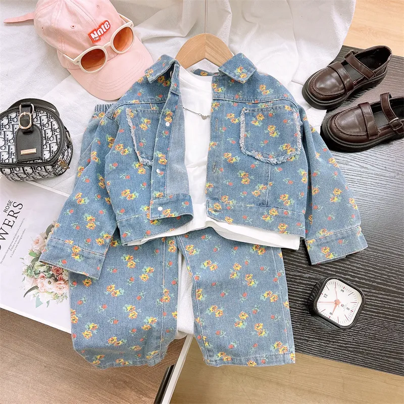 Girls Fashion Casual Floral Printed Lapel Long-Sleeve Jacket Straight Jeans Denim Two-Piece Set