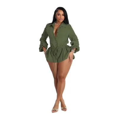 Women Elegant Solid Color V-Neck Long-Sleeve Drawstring Loose Rompers