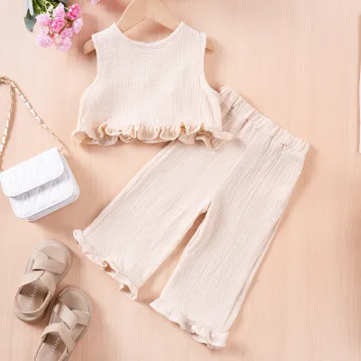 Girl's Fashionable Two-Piece Sleeveless Ruffled Top And Wide-Leg Pants Set